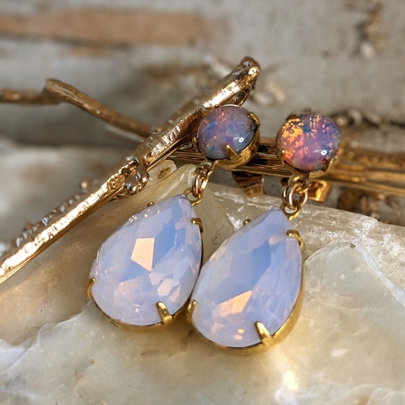 Pink Opal Flower And Fire Opal  Crystal In Drop Down Earrings - Picture 5 of 5